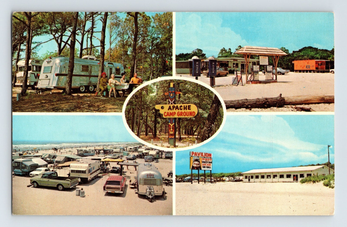 Myrtle Beach South Carolina Apache Campground collage trailers pavilion beach cars 1970s postcard
