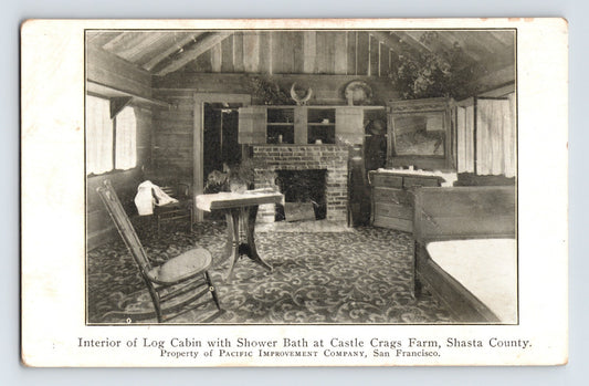 Interior of log cabin with shower bath Castle Crags Farm Shasta County California 1910s postcard
