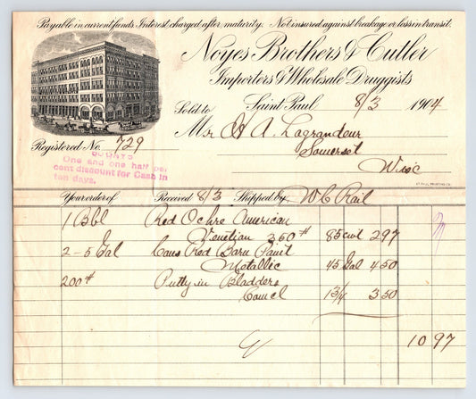 Noyes Brothers Cutler Saint Paul Minnesota 1904 wholesale druggists billhead invoice illustrated letterhead antique document 8.5 x 6.5