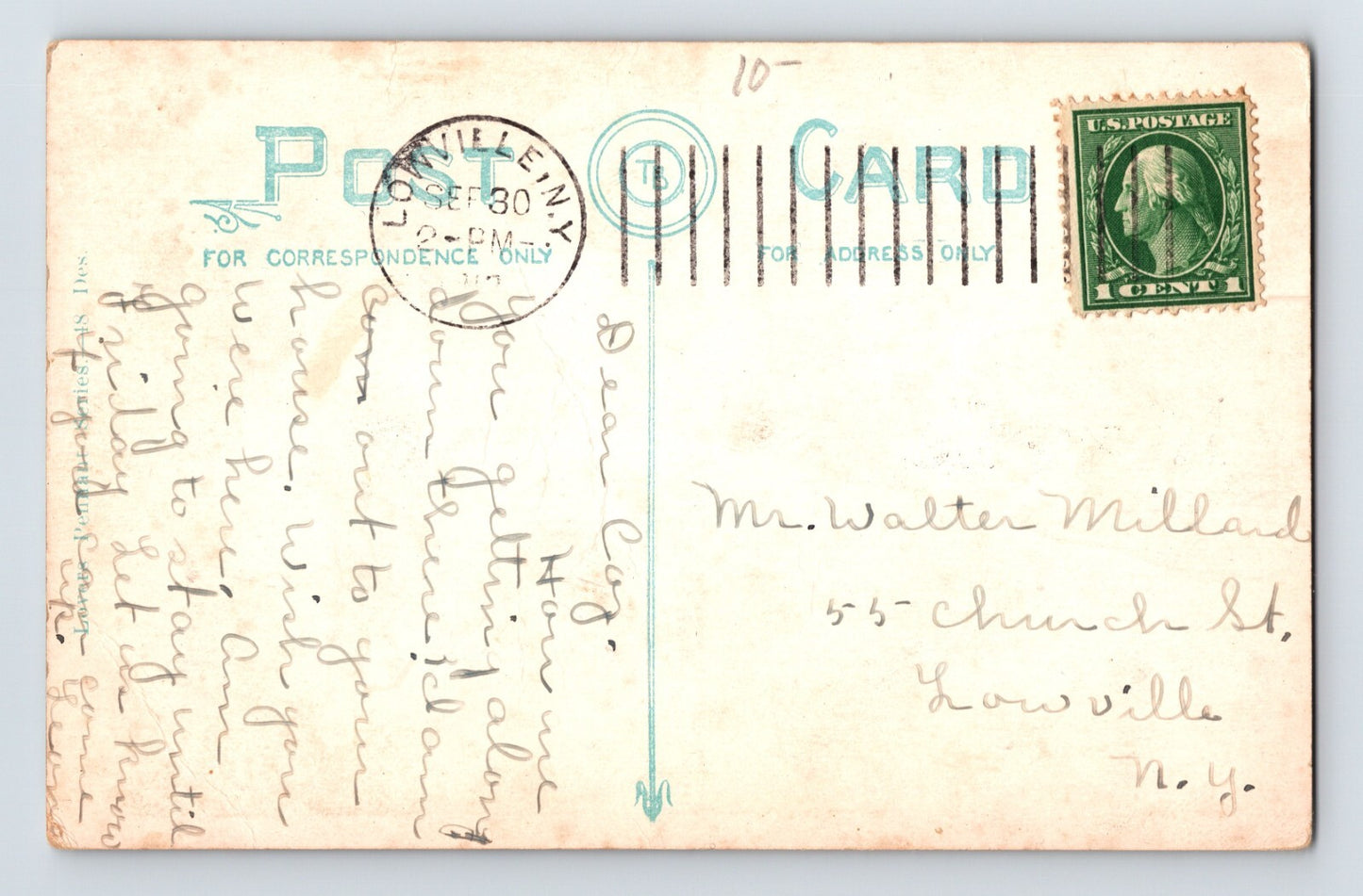 Lowville New York Pennant Romance Fountain of Love 1910 Postcard Posted