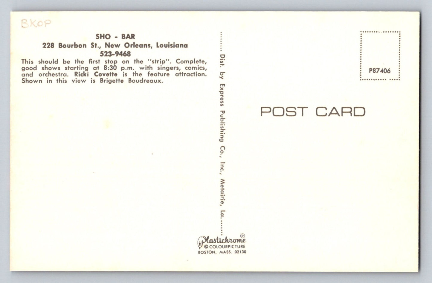 New Orleans Louisiana 1960s Sho-Bar Club Burlesque Postcard Unposted