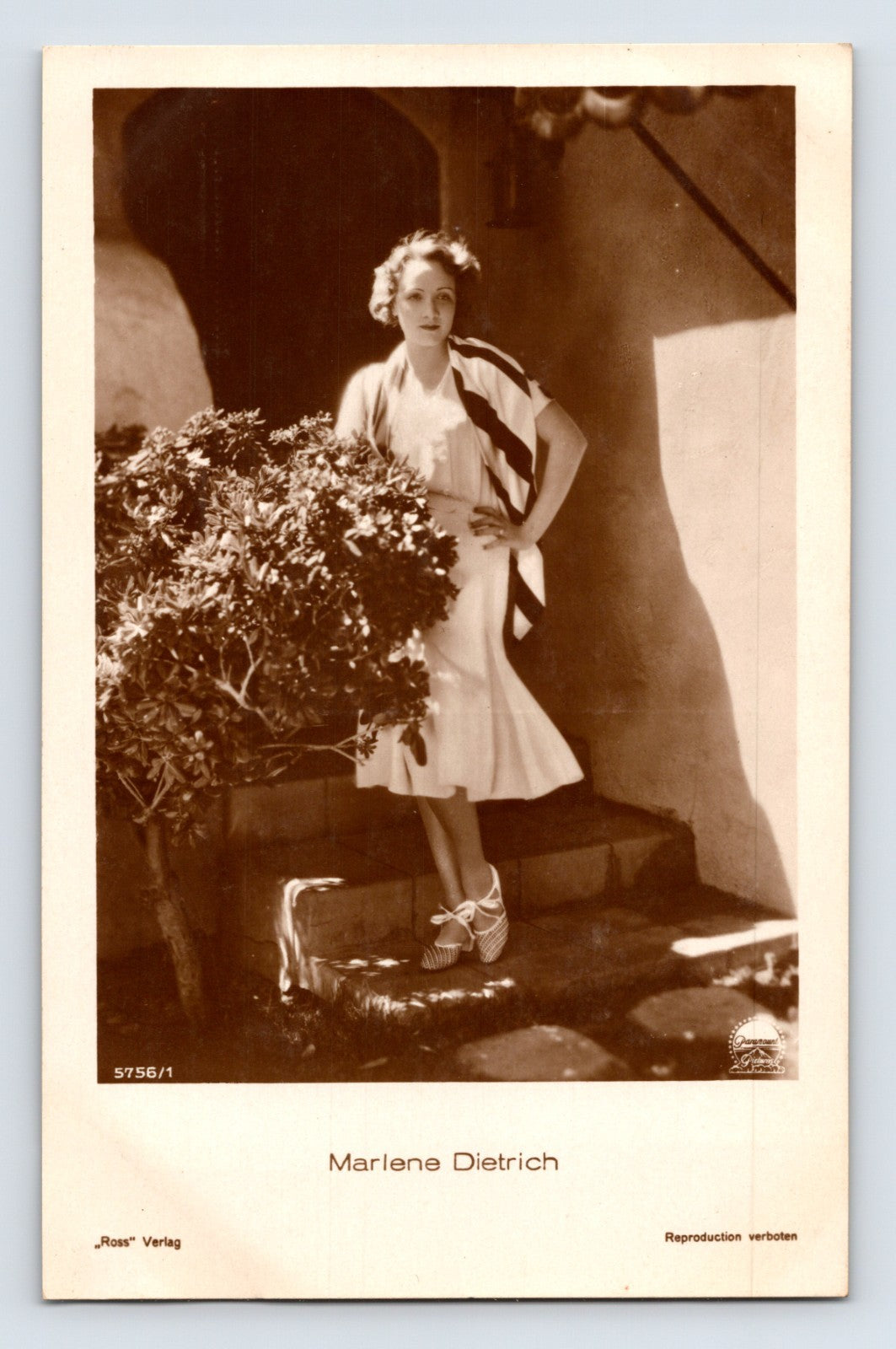 Marlene Dietrich portrait 1930s real photo postcard by Ross Verlag showing actress posed on steps beside potted shrub