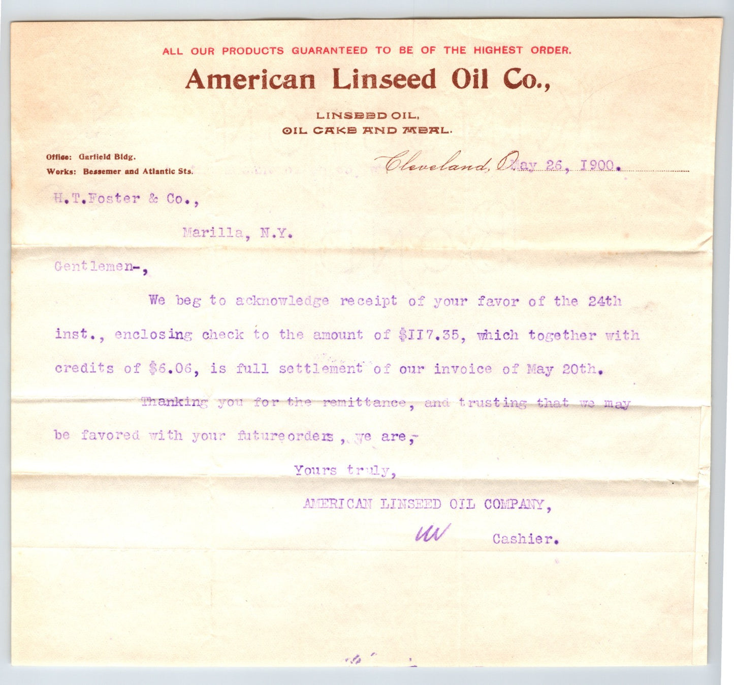 Cleveland Ohio American Linseed Oil Company letterhead business correspondence 1900