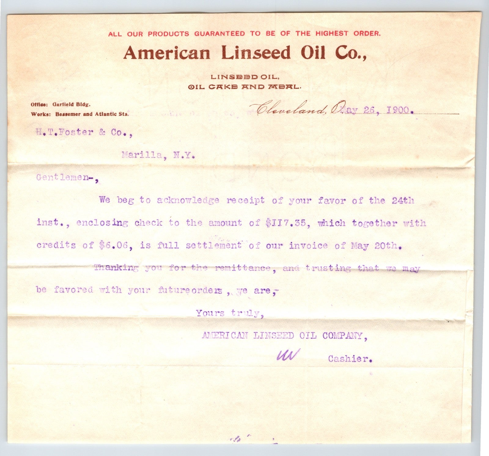 Cleveland Ohio American Linseed Oil Company letterhead business correspondence 1900