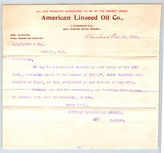 Cleveland Ohio American Linseed Oil Company letterhead business correspondence 1900
