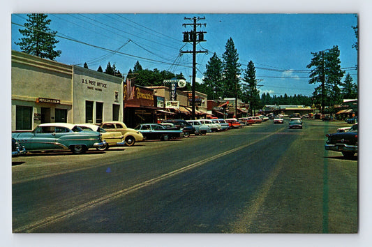 Paradise California downtown street cars storefronts pine trees 1960s postcard
