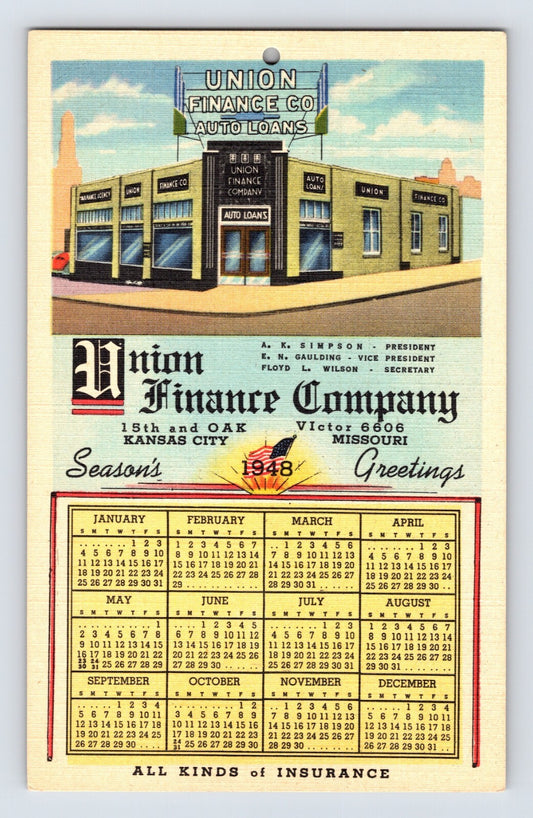 Kansas City Missouri Union Finance Company building illustration with 1948 calendar grid, advertising linen postcard