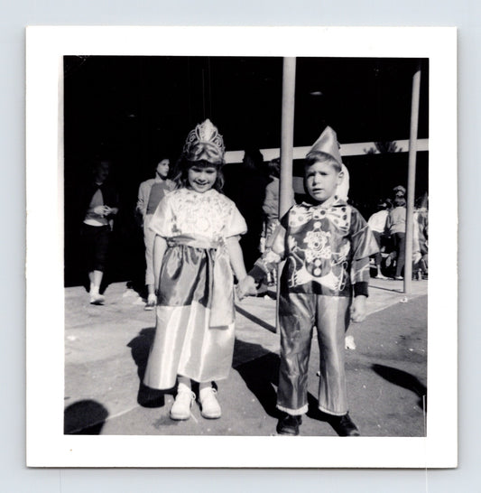 Halloween children holding hands costume princess clown outfit school yard mid century 1950s photo 3.5 x 3.5