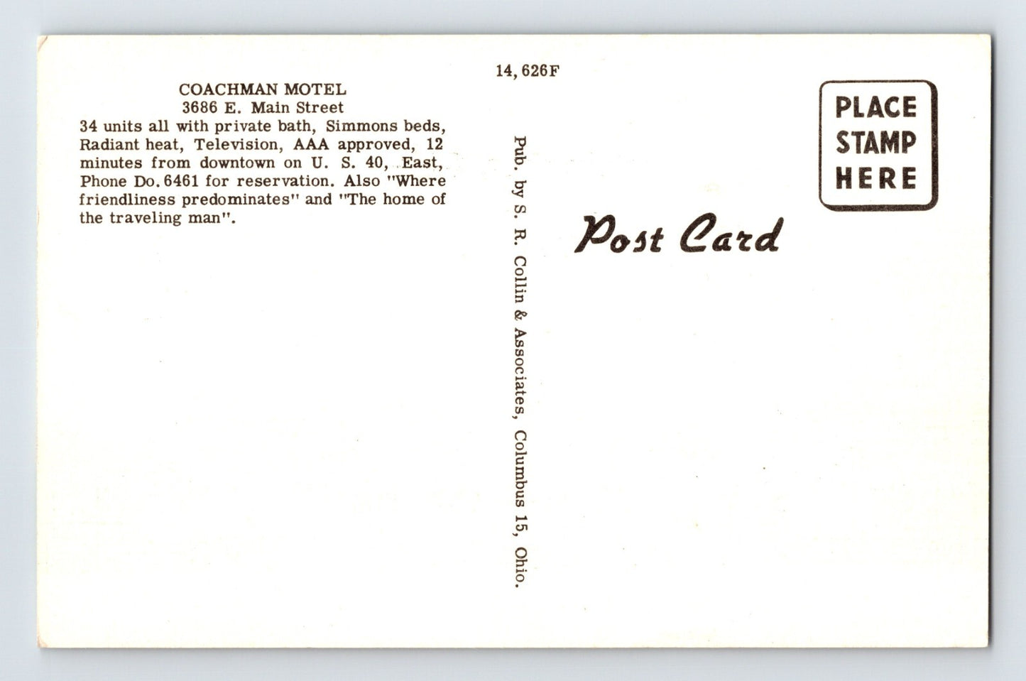 Columbus Ohio Coachman Motel 1940s Postcard Unposted Linen