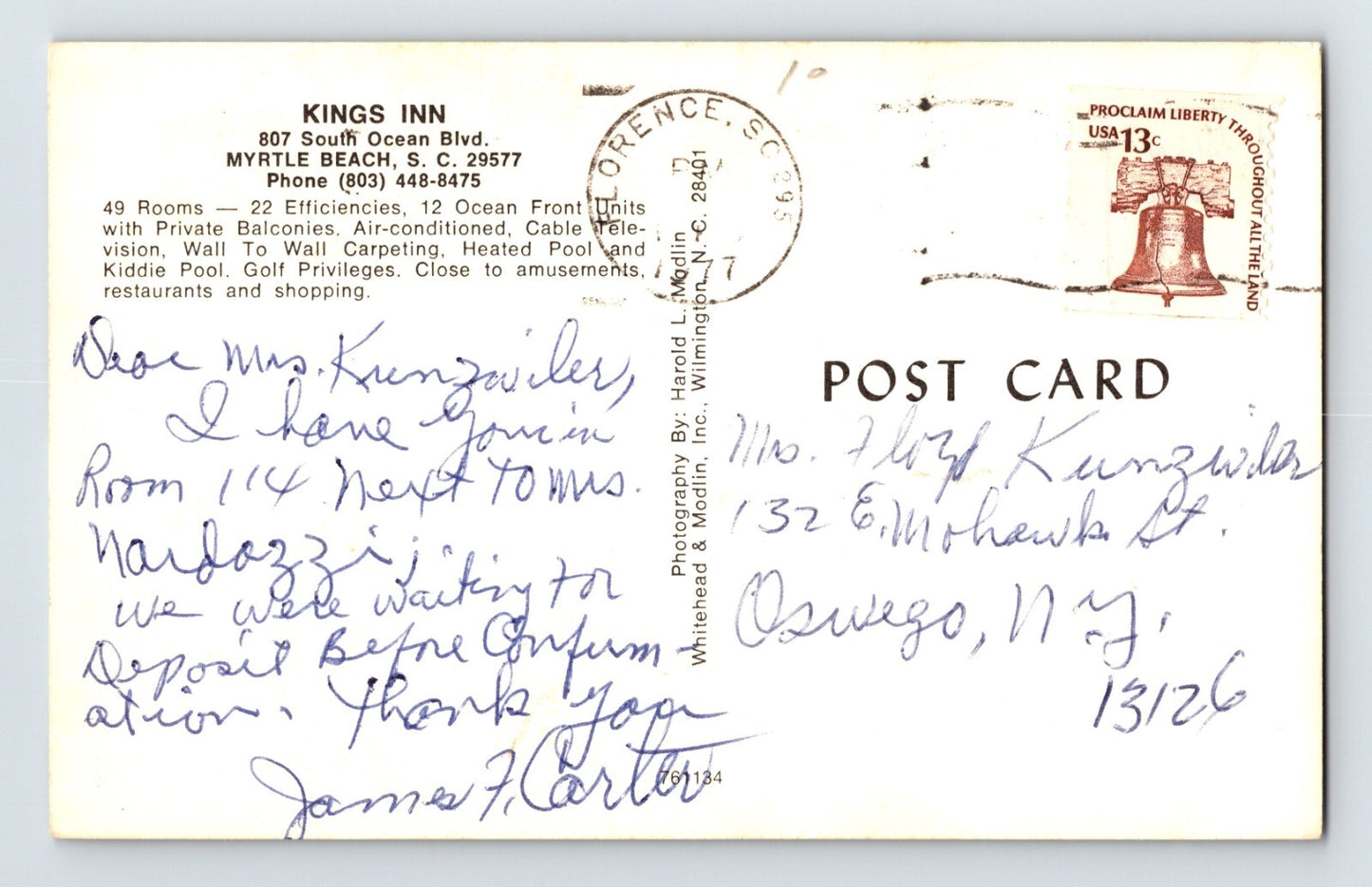 Myrtle Beach South Carolina Kings Inn Motel 1970s Postcard Posted Chrome