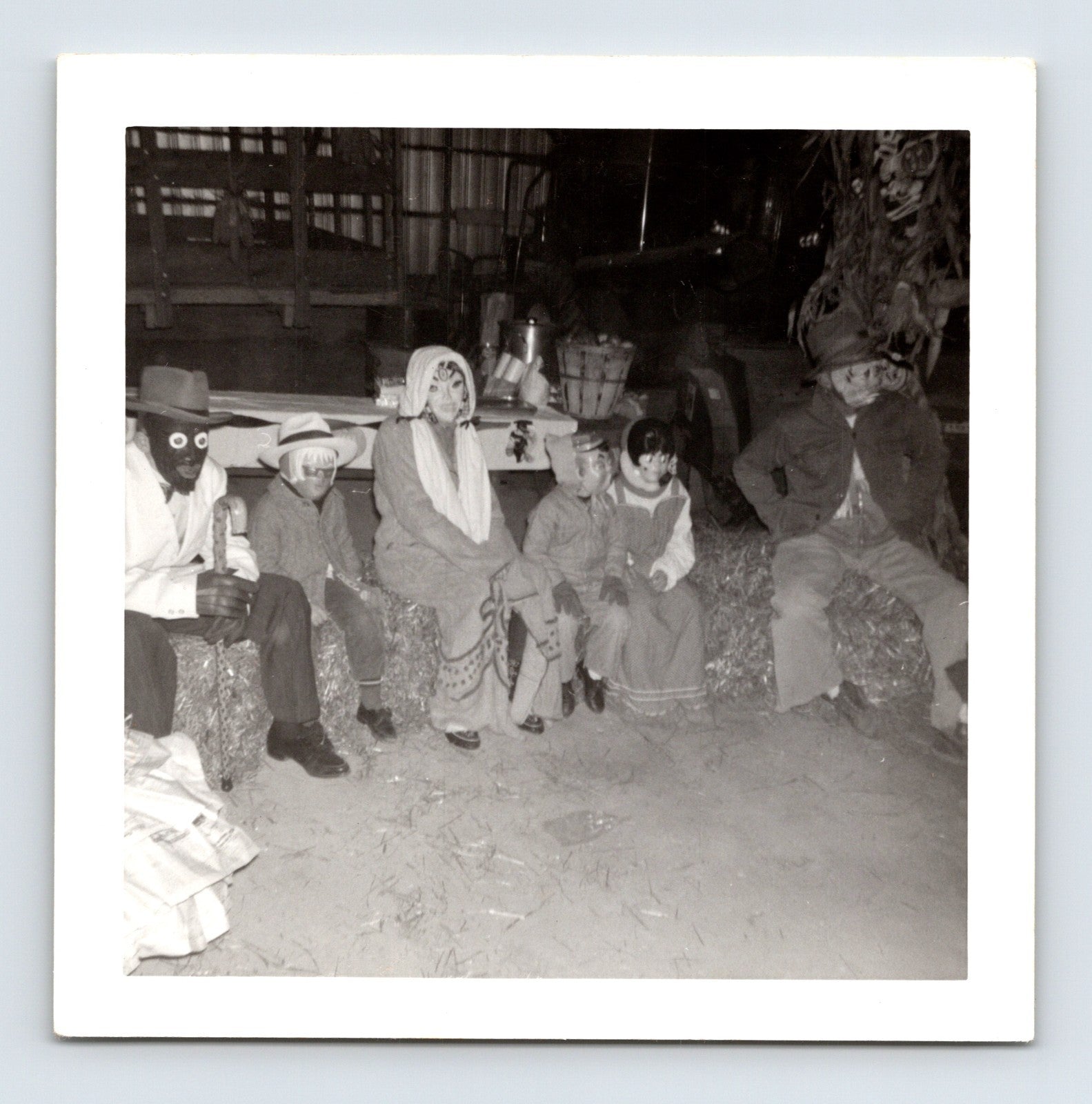 Vintage Halloween kids costumes hay bales barn masks 1960 snapshot