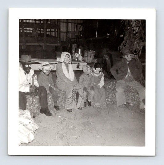 Vintage Halloween kids costumes hay bales barn masks 1960 snapshot