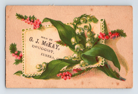 Eureka California G J McKay druggist Victorian trade card lily of the valley floral illustration