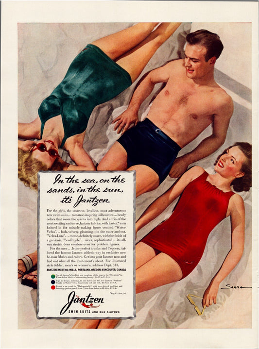 Jantzen swimsuits 1940 print ad with three figures in vintage swimwear posed on sand in red and green suits full page illustration