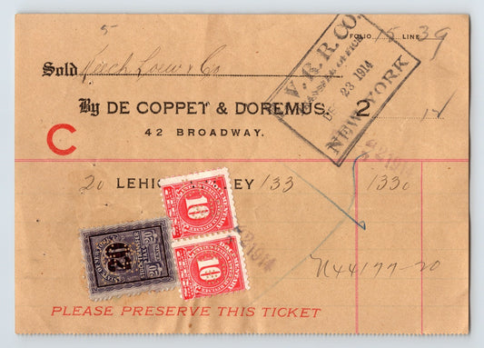 New York City De Coppet Doremus 1914 stock transfer ticket with affixed tax stamps revenue markings