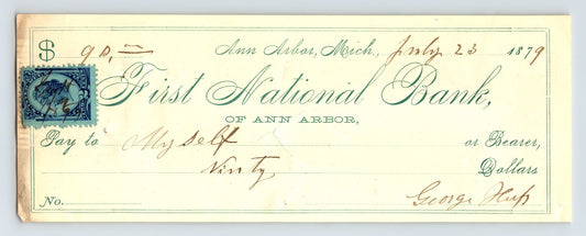 Ann Arbor Michigan First National Bank 1879 Check Money Order 2.75 x 7