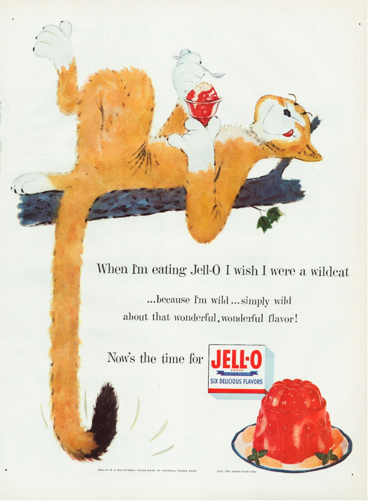 Jell O 1955 wildcat illustration print ad with cartoon animal holding dessert and gelatin mold
