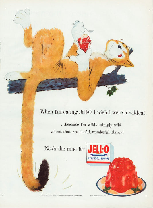 Jell O 1955 wildcat illustration print ad with cartoon animal holding dessert and gelatin mold