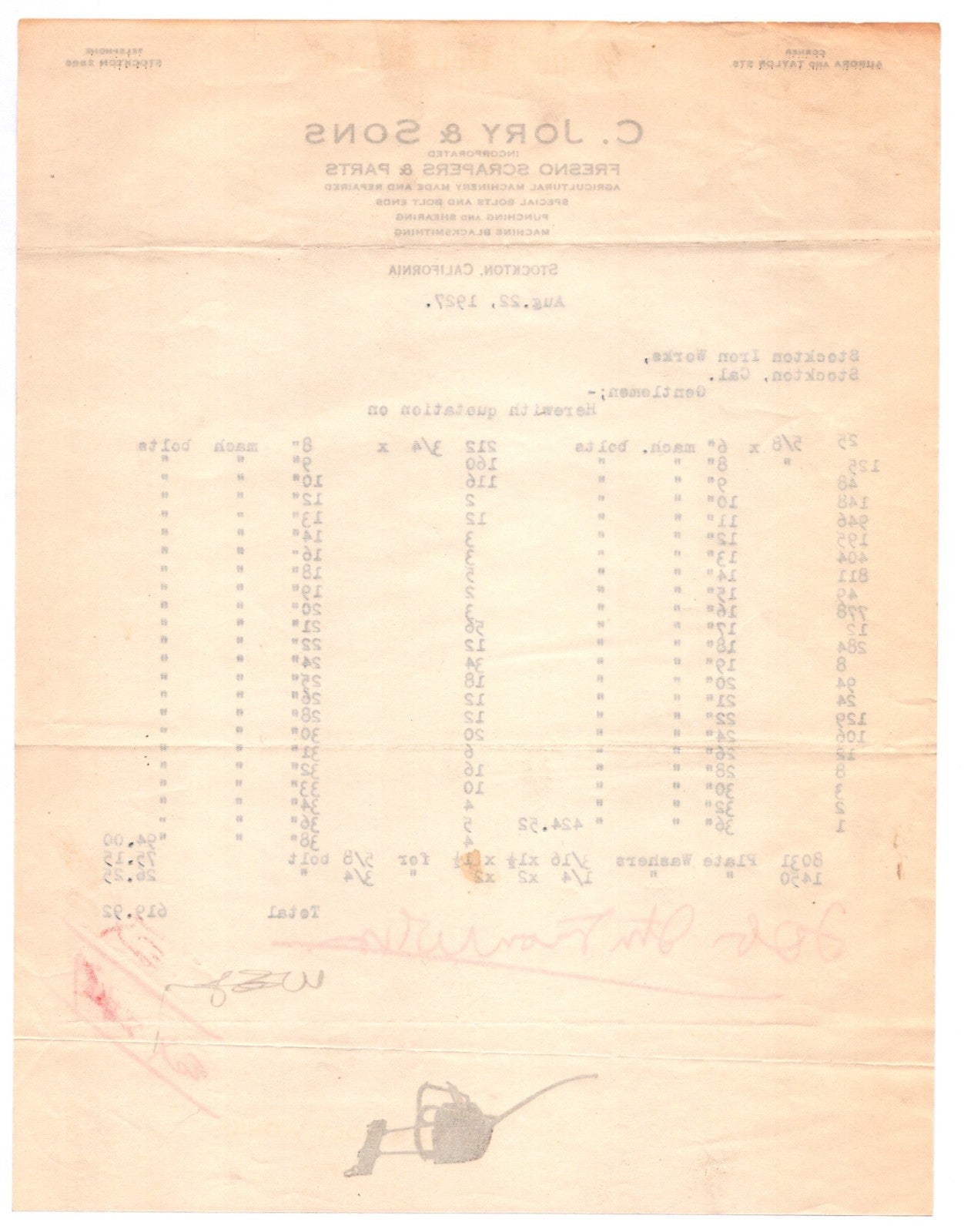 Stockton California 1927 C Jory Sons Fresno Scraper Parts Letterhead 11 x 8.5