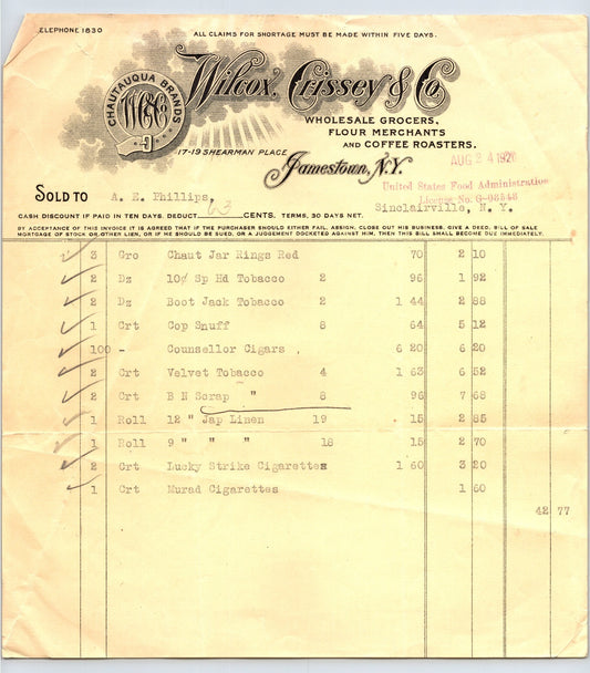 1920 Wilcox Gissey Company billhead from Jamestown New York listing tobacco products cigars and cigarettes with detailed wholesale pricing entries
