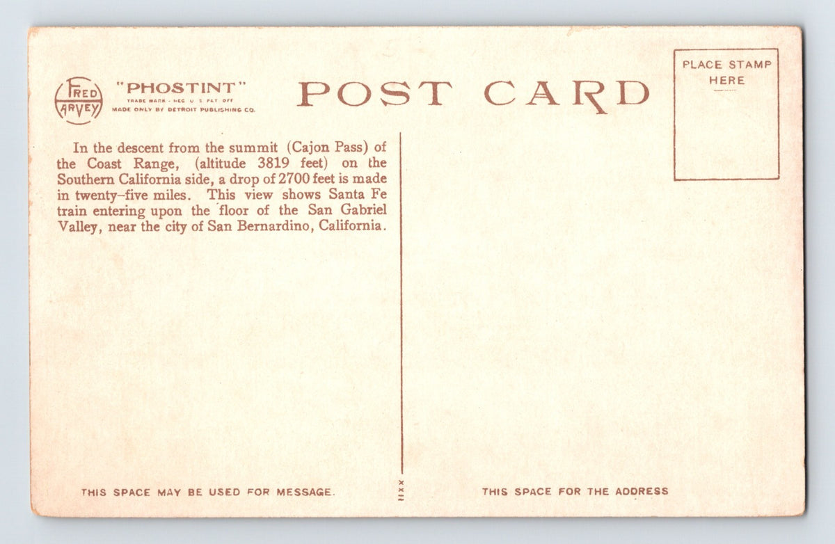 Cajon Pass California Steam Train Railroad Fred Harvey 1920s Postcard Unposted