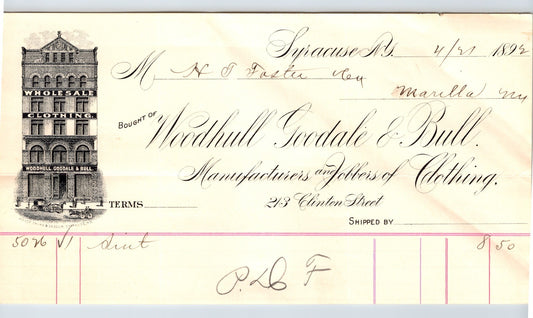 Syracuse New York 1892 Woodhill Goodale Bull Clothing Billhead - 8.5 x 4.5