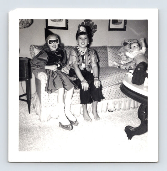 Halloween 1949 children costumes mask couch living room vintage snapshot doll
