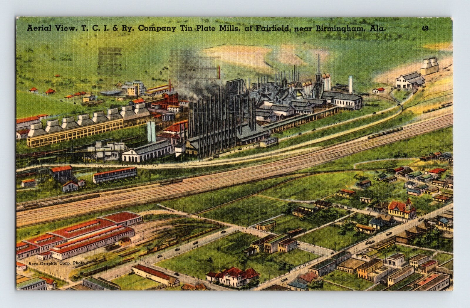 Tennessee Coal Iron Railway Company tin plate mills Fairfield Birmingham Alabama aerial linen postcard