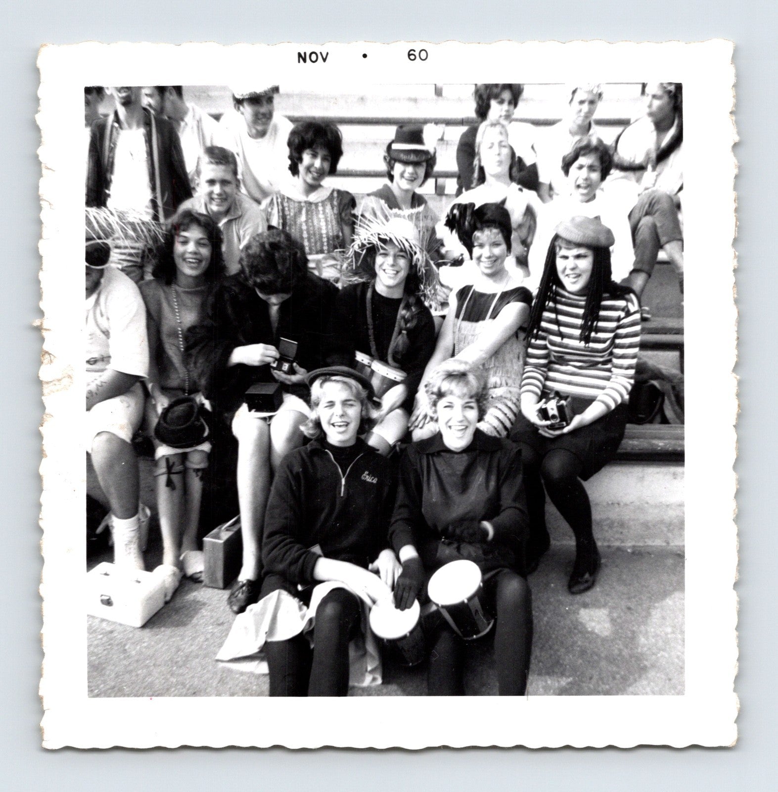 Vintage group teenagers costumes bleachers drums camera 1960 snapshot