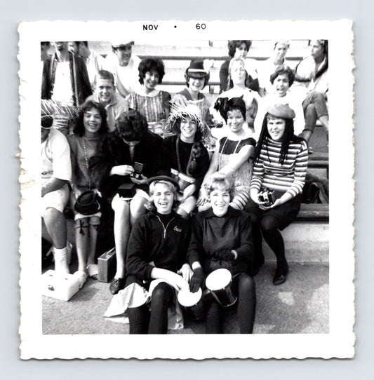 Vintage group teenagers costumes bleachers drums camera 1960 snapshot