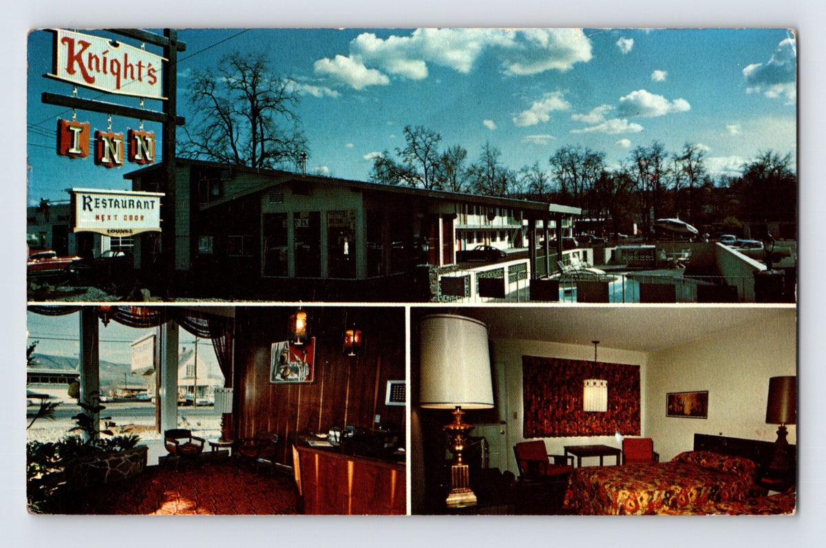 Lewiston Idaho Knights Inn motel roadside sign pool room interior 1970s multi view postcard
