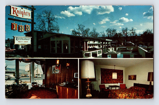 Lewiston Idaho Knights Inn motel roadside sign pool room interior 1970s multi view postcard