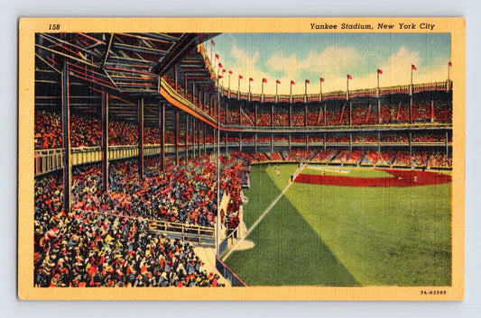 New York City Yankee Stadium outfield crowd 1940s linen postcard baseball scene