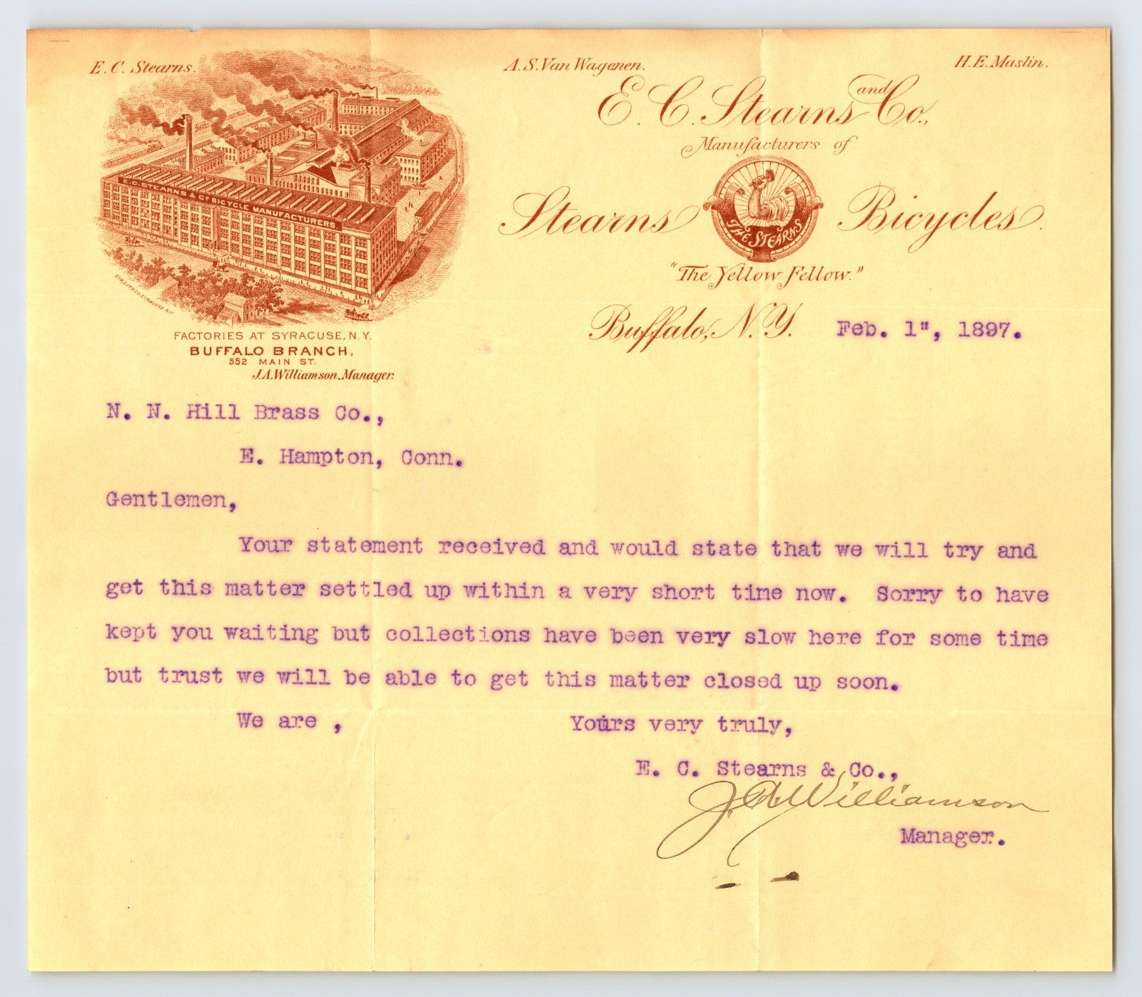 E C Stearns Company Buffalo New York 1897 bicycle letterhead factory illustration ornate Victorian stationery