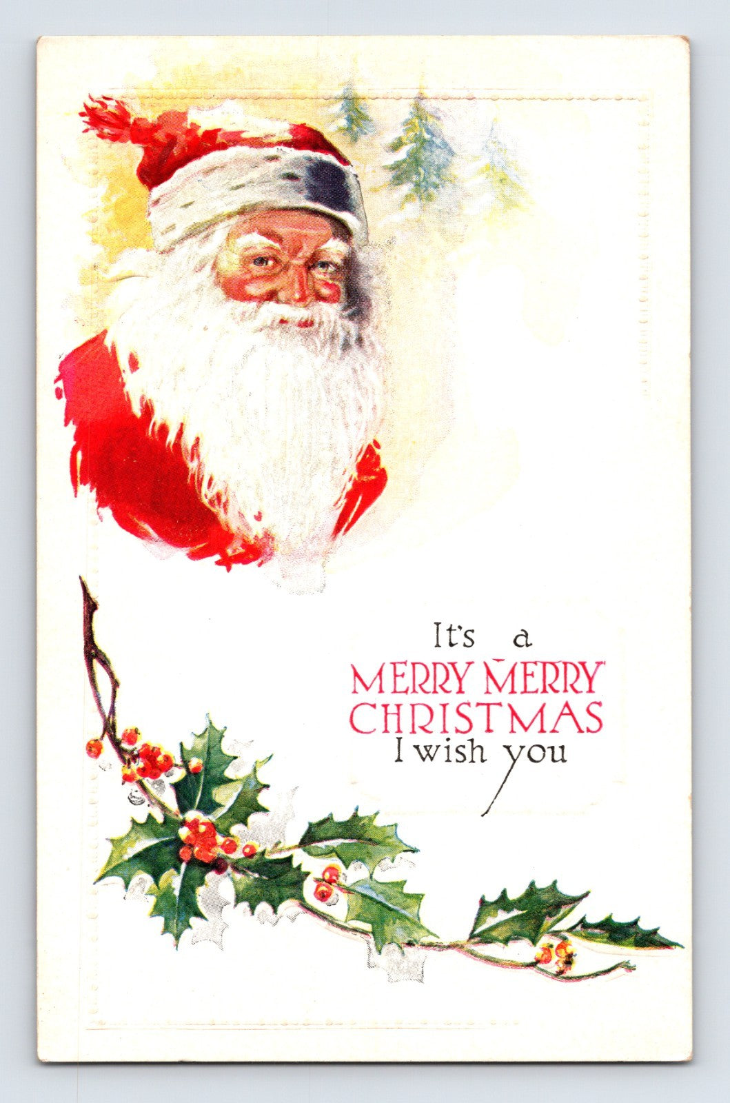 Santa Claus portrait with holly garland and Merry Merry Christmas greeting on minimalist white embossed holiday postcard.
