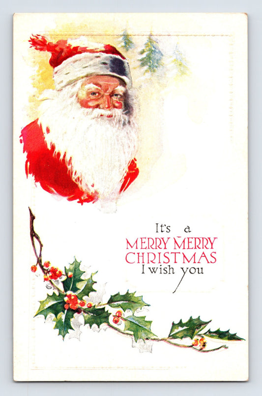 Santa Claus portrait with holly garland and Merry Merry Christmas greeting on minimalist white embossed holiday postcard.
