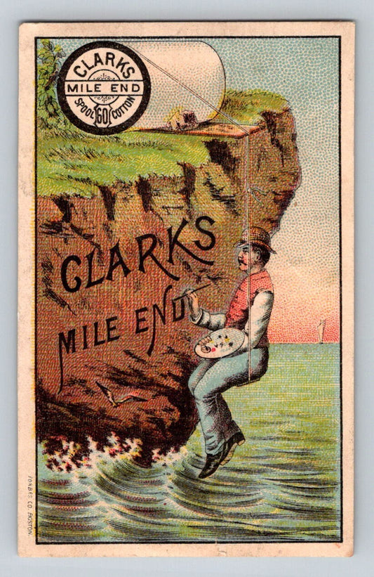 Clarks Mile End thread trade card man painting cliff ocean 1890s advertising card