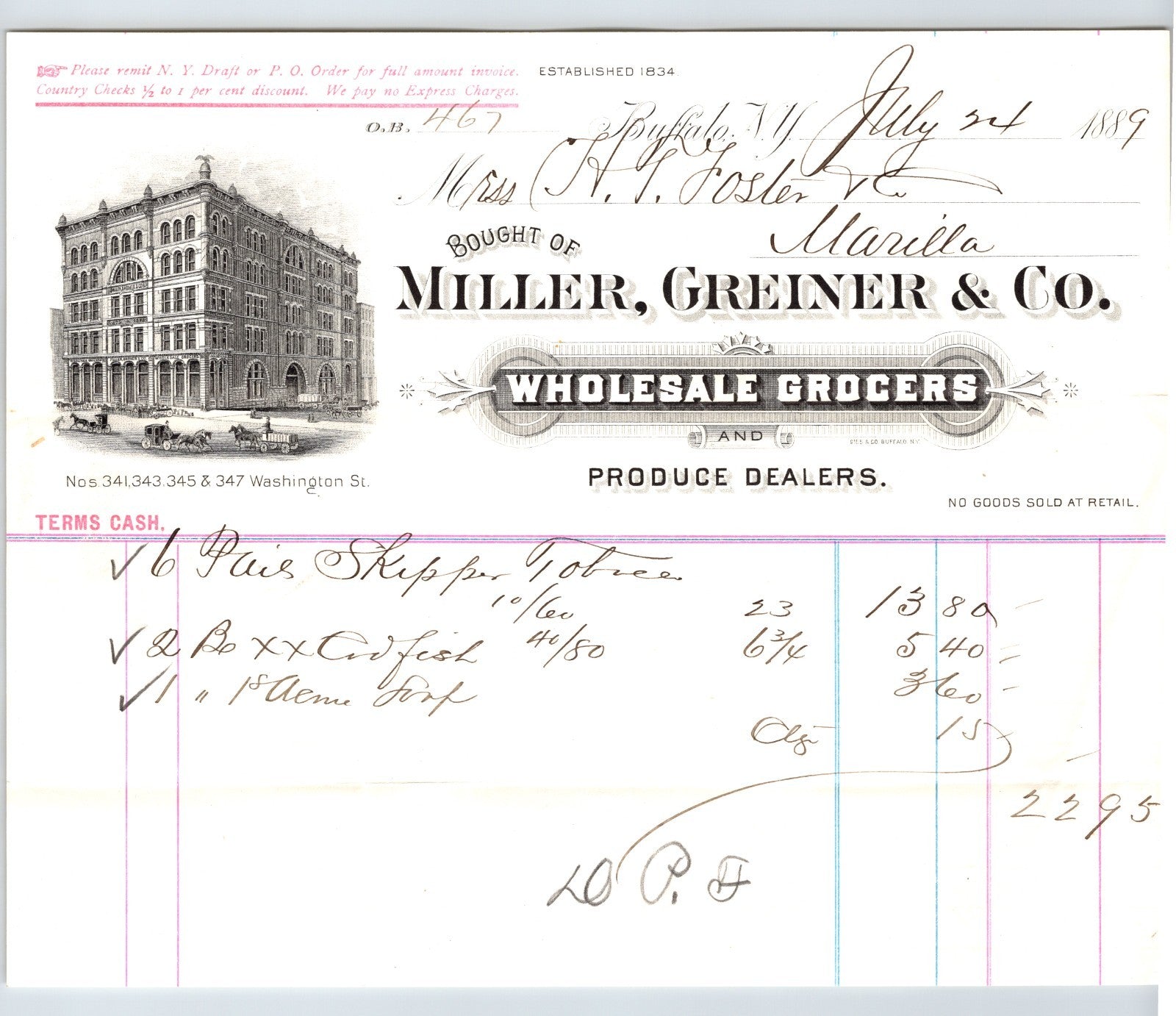 Buffalo New York 1889 Miller Greiner Company wholesale grocers billhead with illustrated building and handwritten produce entries