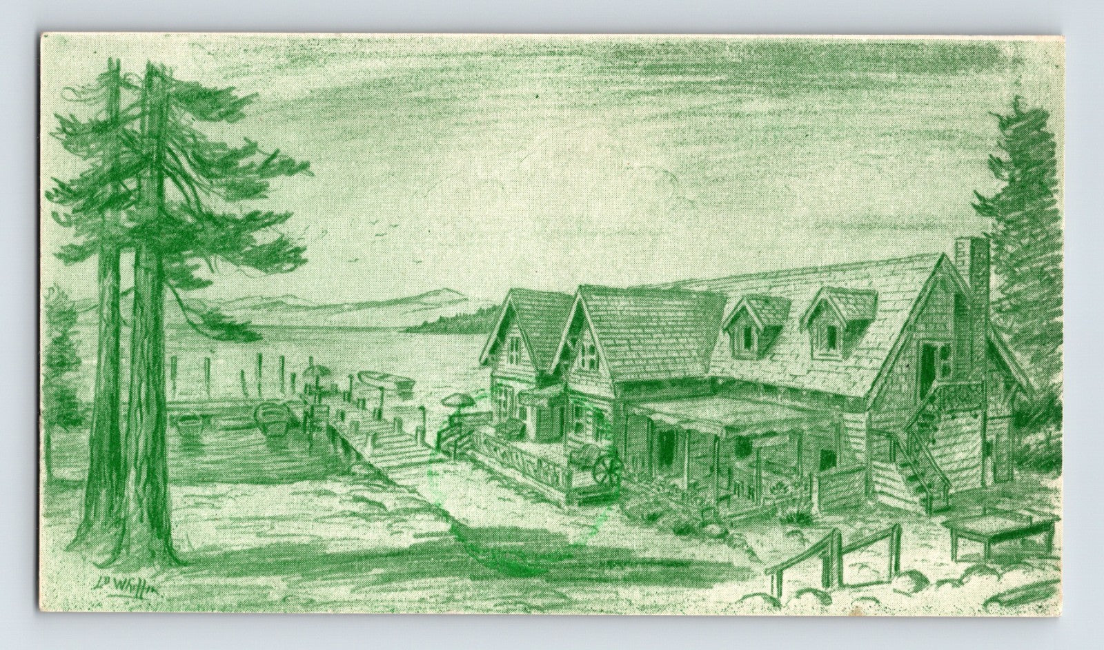 Lake Tahoe Vista Inn California green sketch postcard 1940s guest correspondence unposted