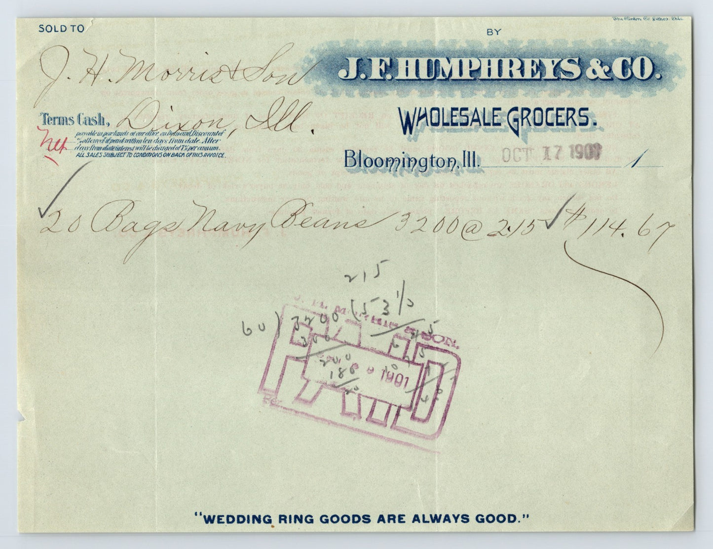 Bloomington Illinois 1908 J E Humphreys Wholesale Grocers billhead invoice handwritten navy beans order red stamp reverse text