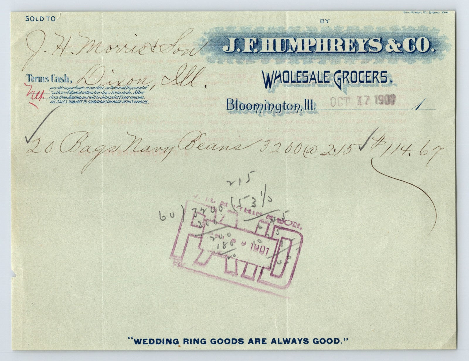 Bloomington Illinois 1908 J E Humphreys Wholesale Grocers billhead invoice handwritten navy beans order red stamp reverse text