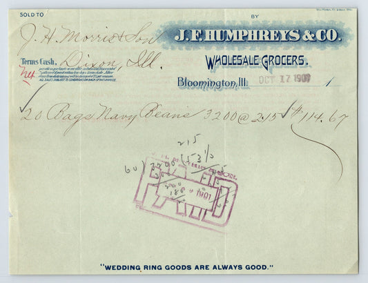 Bloomington Illinois 1908 J E Humphreys Wholesale Grocers billhead invoice handwritten navy beans order red stamp reverse text