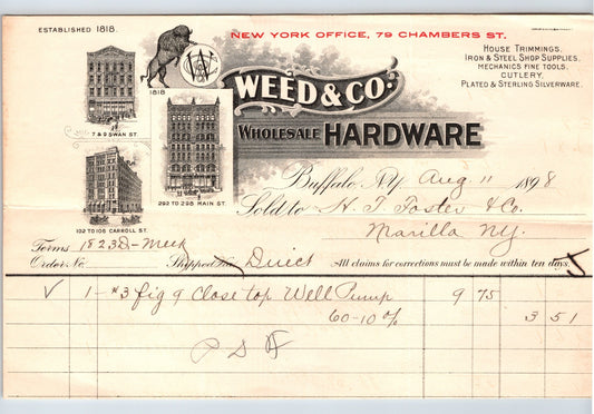 Buffalo New York 1898 Weed Company Wholesale Hardware Billhead - 8.5 x 5.5