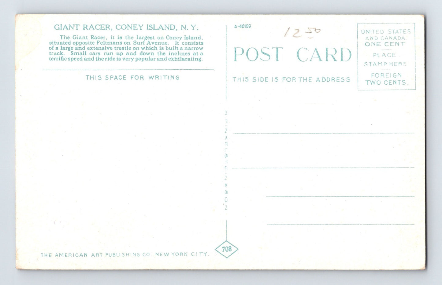 New York City Coney Island Giant Racer Coca Cola 1920s Postcard Unposted