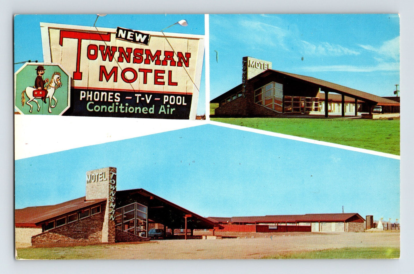 Color chrome postcard advertising the Townsman Motel in Clayton, New Mexico, featuring mid-century roadside motel architecture and large promotional signage.