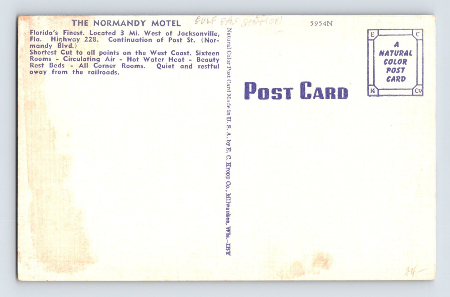 Jacksonville Florida Normandy Motel Gas Station Motel 1940s Postcard Linen