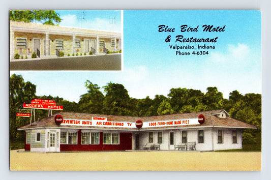 Valparaiso Indiana Blue Bird Motel restaurant roadside view with neon sign and mid century motor lodge layout 1950s postcard