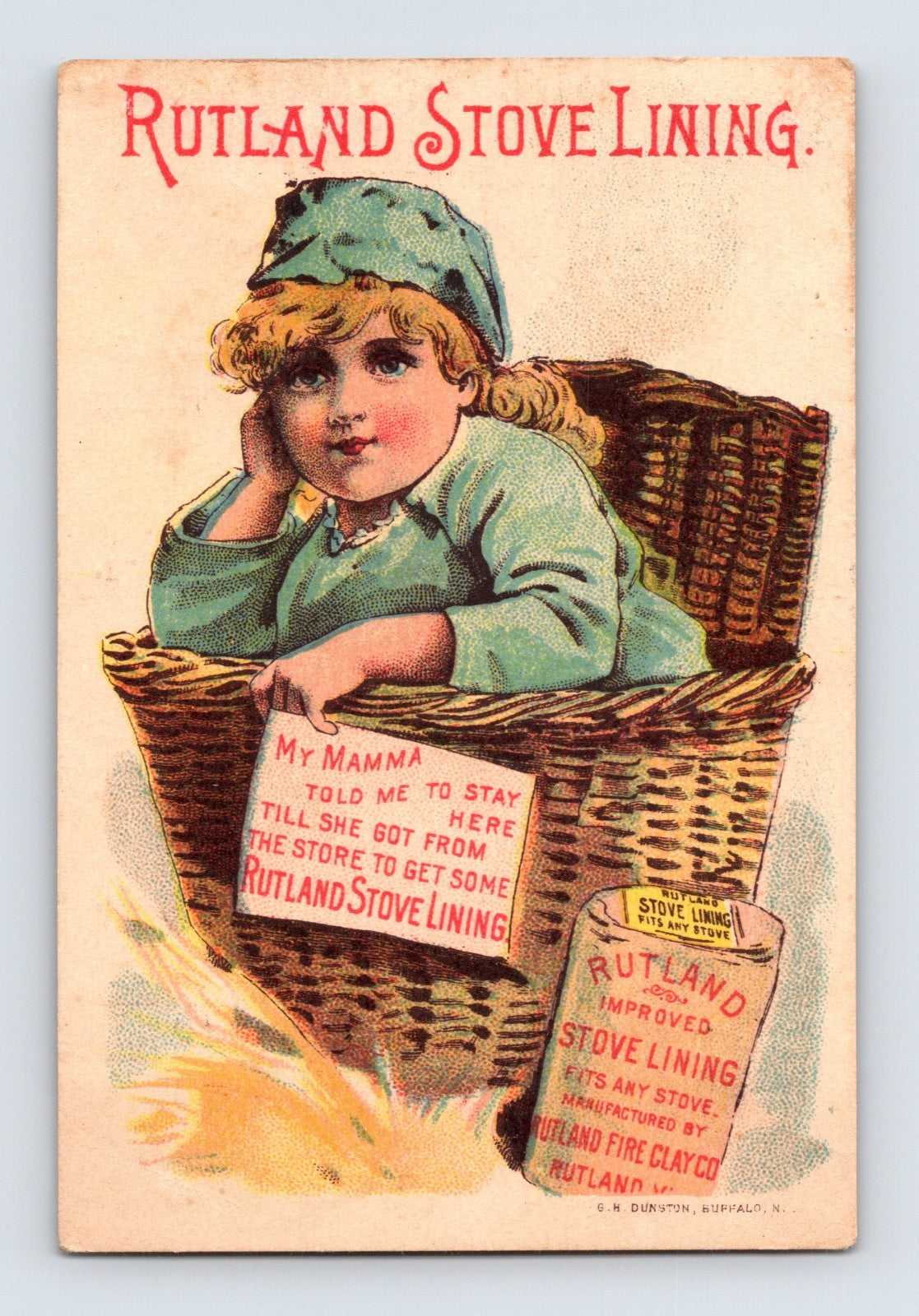 Rutland Stove Lining 1890s trade card featuring a child seated in a wicker basket beside illustrated stove lining packaging with advertising text reverse from Honesdale, Pennsylvania.