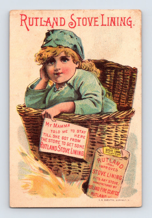 Rutland Stove Lining 1890s trade card featuring a child seated in a wicker basket beside illustrated stove lining packaging with advertising text reverse from Honesdale, Pennsylvania.
