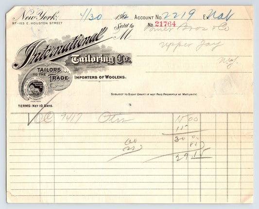 New York City International Tailoring Company woolens billhead 1902 handwritten invoice ledger